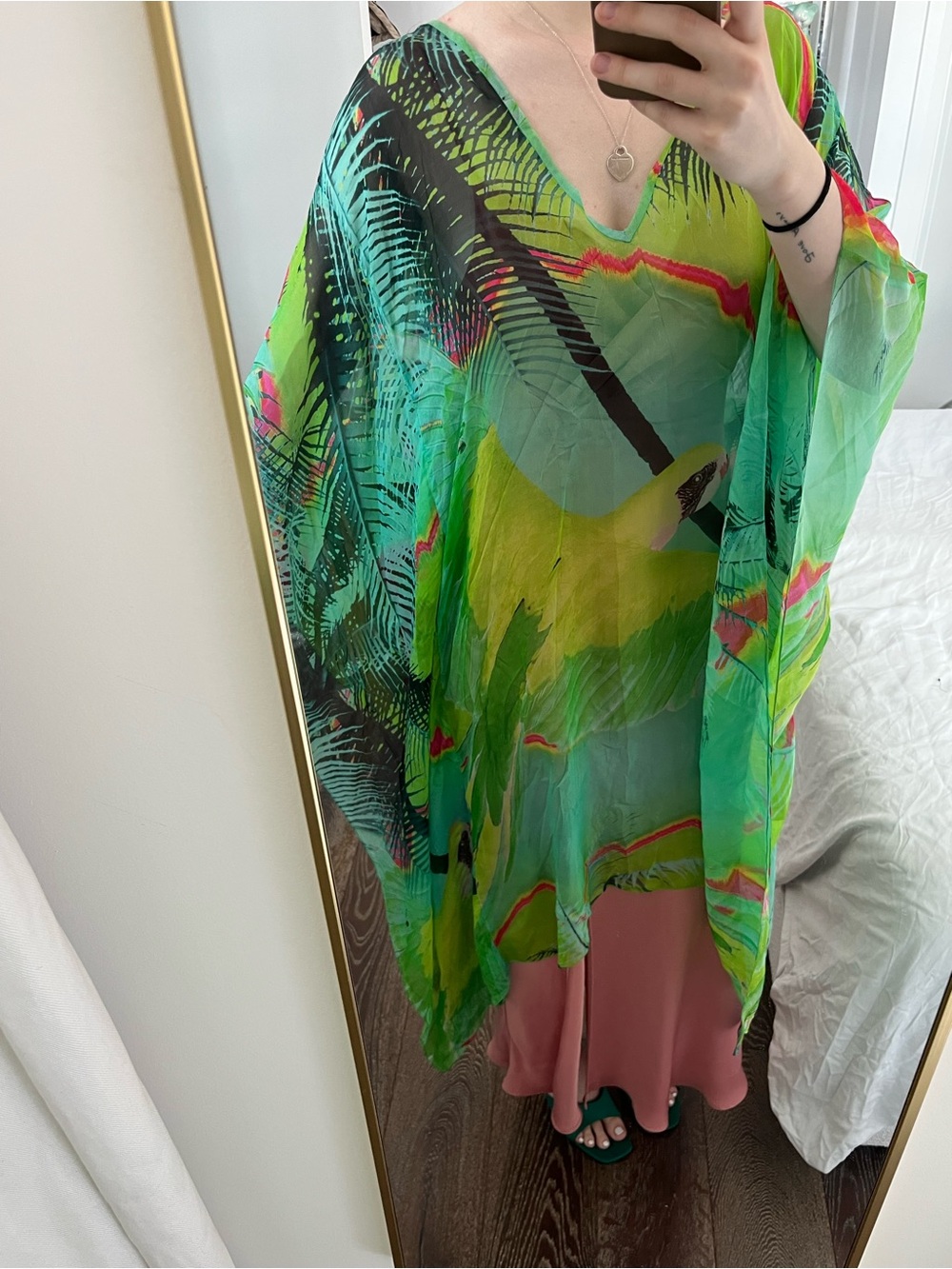 Matthew Williamsom Sheer 100% Silk Green V-Neck Kaftan Top/Beach Coverup